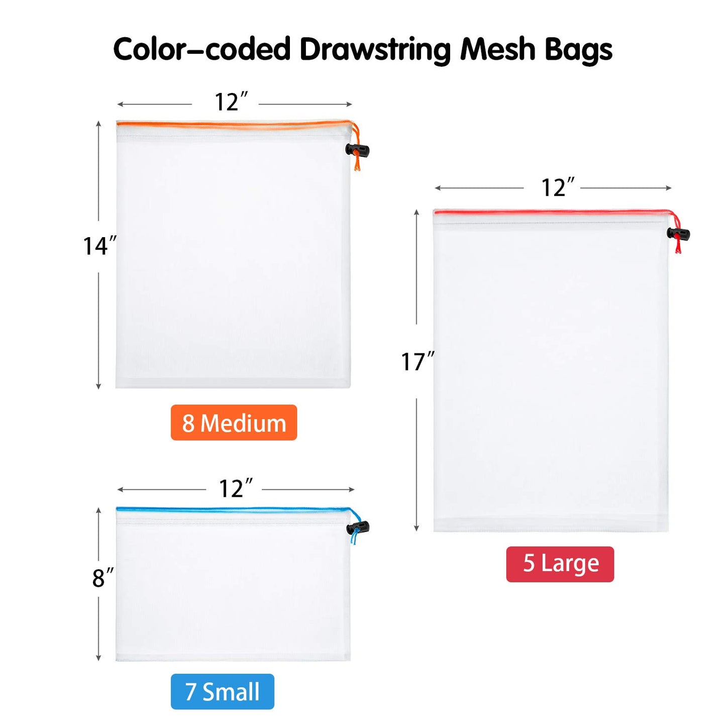 Frienda 20 Pieces Reusable Mesh Produce Bags Mesh Bags with Drawstring Washable Organization Pouch Storage Bags for Fruits, Vegetable, Food, Toys, Puzzles, Grocery Storage(Red, Orange, Blue)