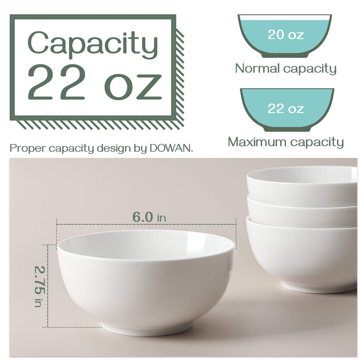 DOWAN 22 OZ White Ceramic Bowls Set of 4 - Perfect for Soup Bowls for Kitchen, Cereal Bowl, Ramen Bowl,Oatmeal Bowl, Fruit Bowl,Salad Bowl, Rice Bowl - Dishwasher & Microwave Safe