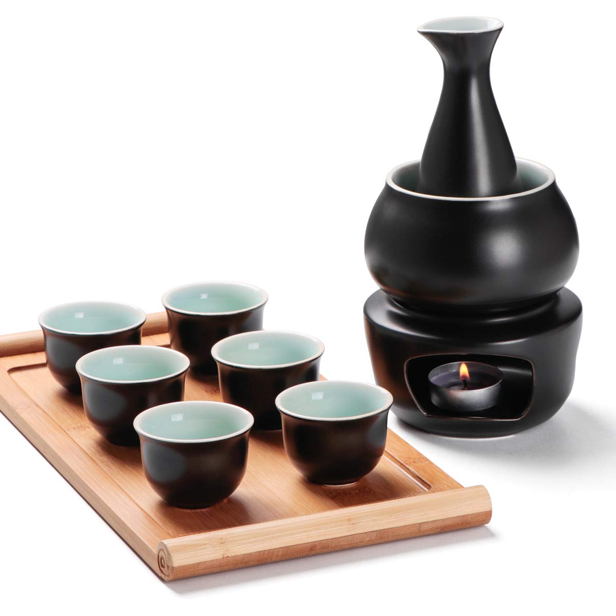 Dltsli Ceramic Sake Set with Warmer Pot Tray, Stovetop Porcelain Pottery Hot Saki Drink Bottle, 10pcs Set 1 Stove 1 Warming Bowl 1 Sake Bottle 1 Tray 6 Cup Keep Sake Storage Box (Black)