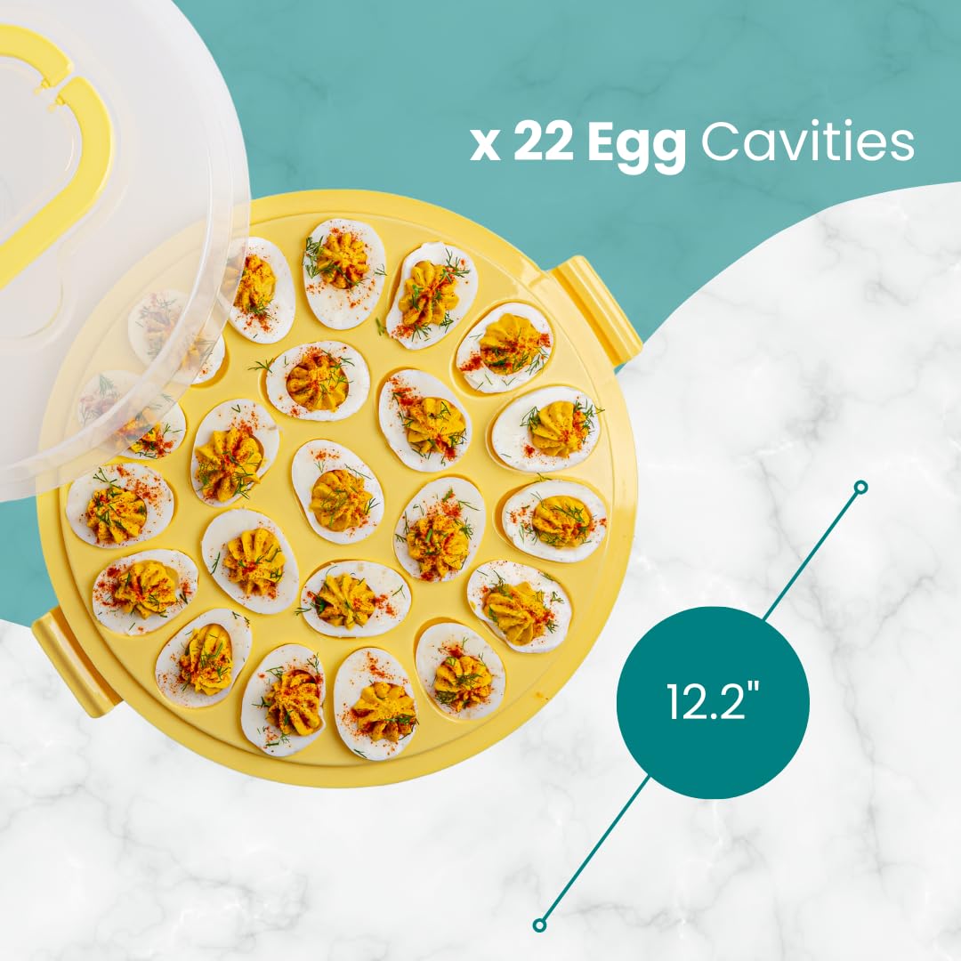 Deviled Egg Carrier with Lid & Handles - Classy Deviled Egg Tray Platter for Holidays, Parties - Portable Deviled Egg Container for 22 Deviled Eggs - Dishwasher-Friendly Deviled Egg Platter - Yellow