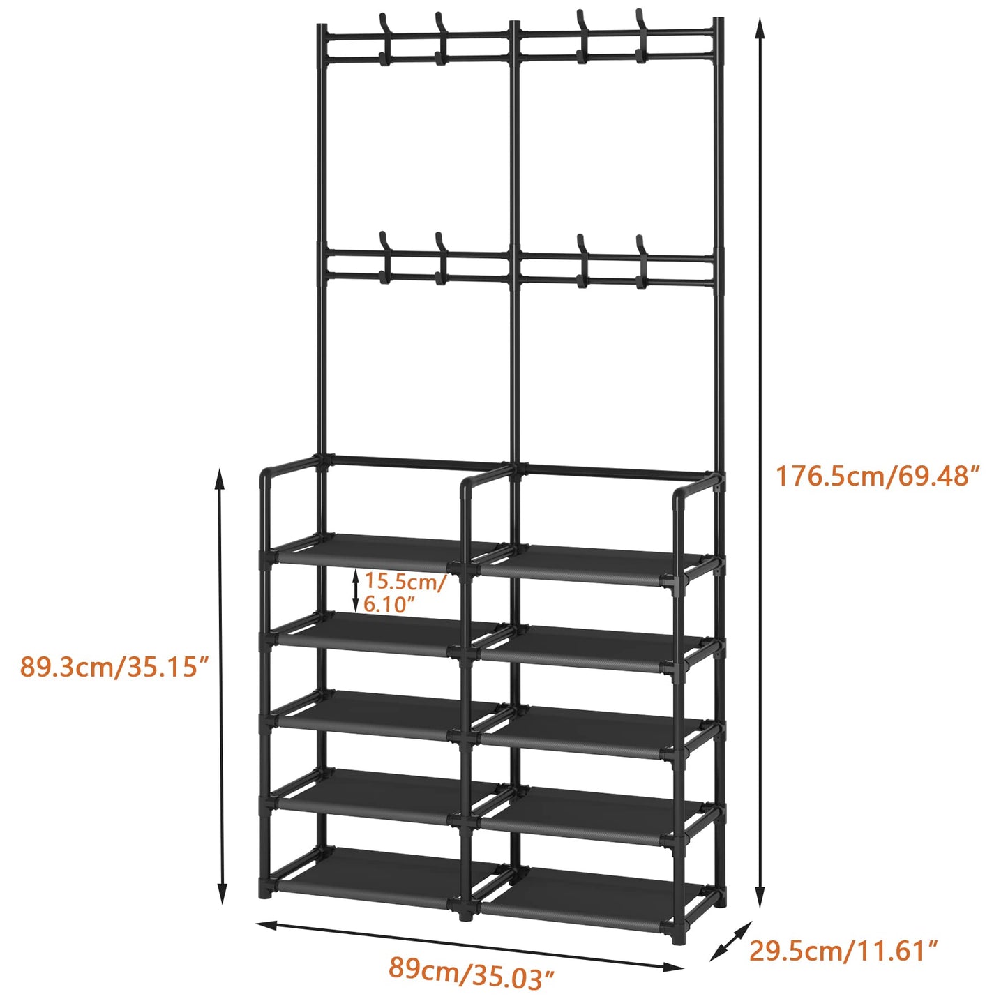 Laiensia 5-Tier Entryway Coat Rack, Coat and Shoe Rack, Entryway Bench Storage Organizer with 8 Hooks for Bedroom, Hallway, Office, Black