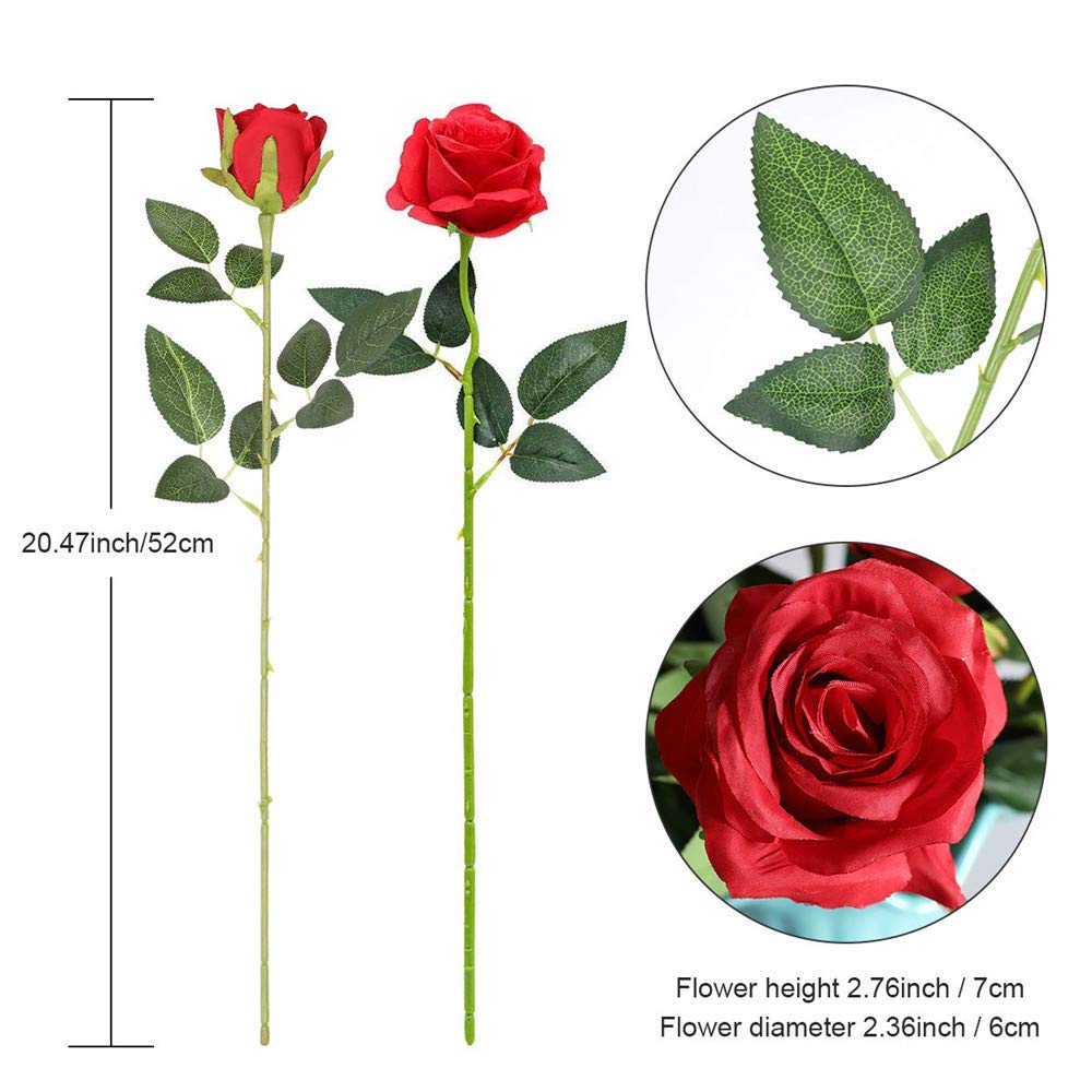 Hawesome 12PCS Artificial Silk Flowers Realistic Roses Bouquet Long Stem for Home Wedding Decoration Party A-Red