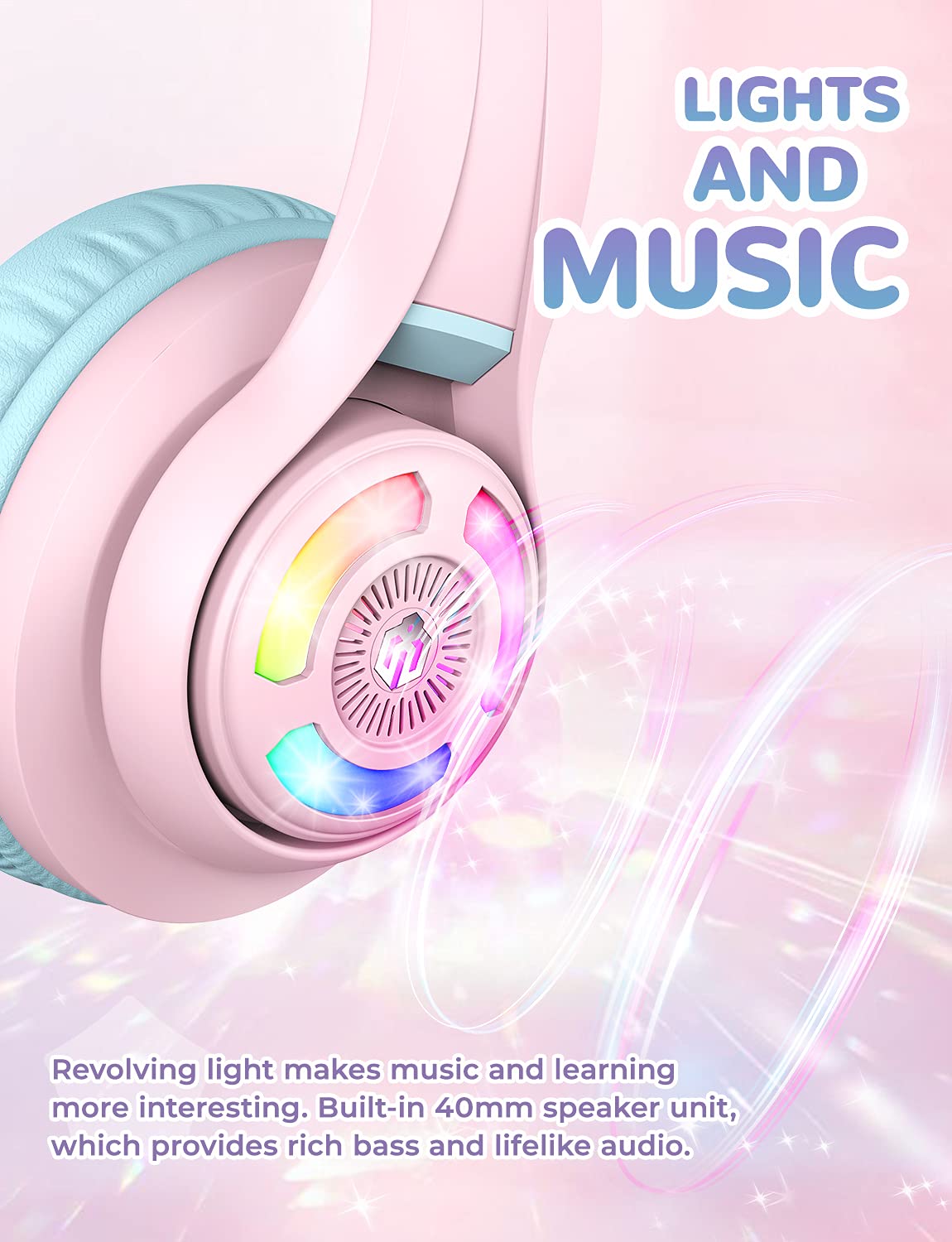 iClever Cat Ear Kids Bluetooth Headphones, LED Lights Up, 74/85dBA Safe Volume Limited, 50H Playtime,Bluetooth 5.2, USB C, Kids Headphones Wireless for Travel iPad Tablet, Meow Macaron Pink