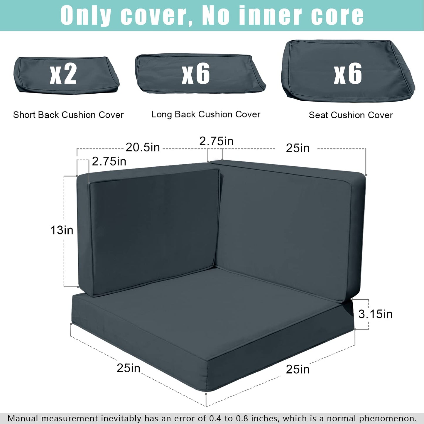 FKSLIFE Patio Cushion Covers Replacement,Outdoor Patio Cushion Covers Replacement Waterproof (25×25×3.15 inches, Dark Grey)