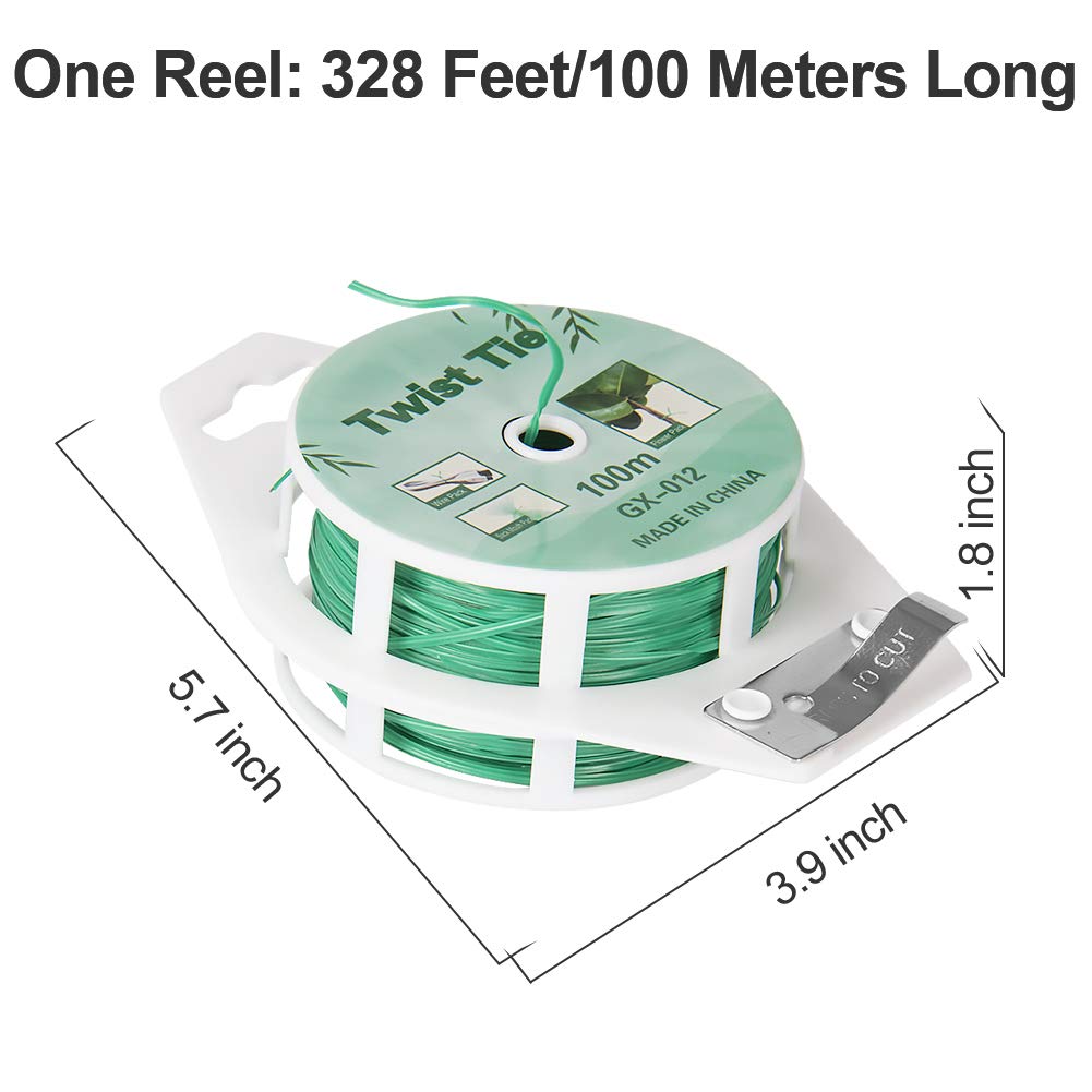 (2 Reels) Garden Wire, Twist Ties Heavy Duty with Cutter 328 Ft Multi-Function Green Coated Tape to Support Plant Tie Up Bags for Home Office (328 Feet / 100 m)