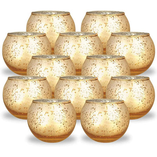 Just Artifacts 2-Inch Round Speckled Mercury Glass Votive Candle Holders (Gold, Set of 12)