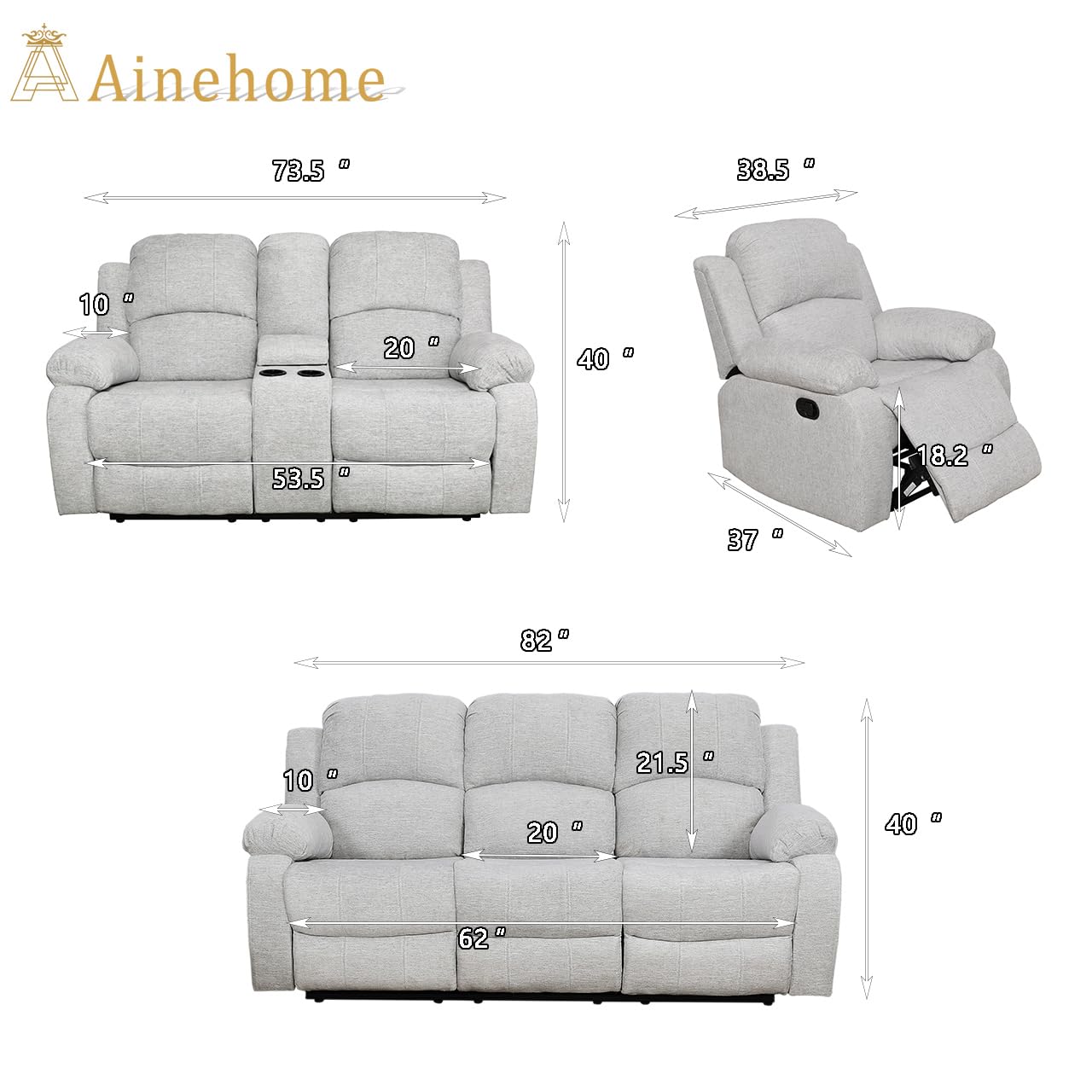 A Ainehome Living Room Furniture Set 3 Pieces Grey Microfiber Recliner Sofa Set Loveseat Chair Furniture Sofa Set for Living Room/Rv/House/Office/Theater Seating (A-Grey White Microfiber,3 Piece Set)