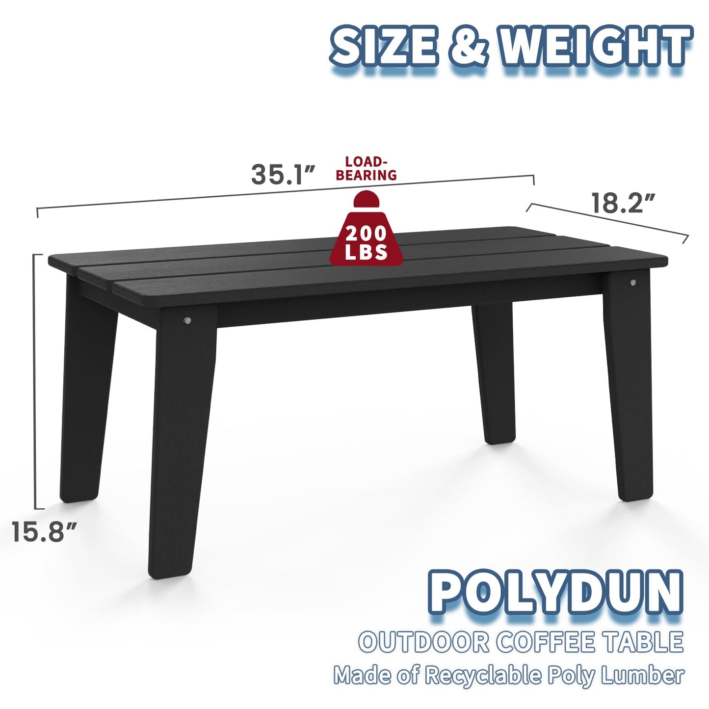 POLYDUN Wood Texture Outdoor Coffee Table, 35" x 18.2" Poly Lumber Patio Coffee Table, All Weather Adirondack Outdoor Table for Balcony, Garden, Indoor or Outdoor, Black