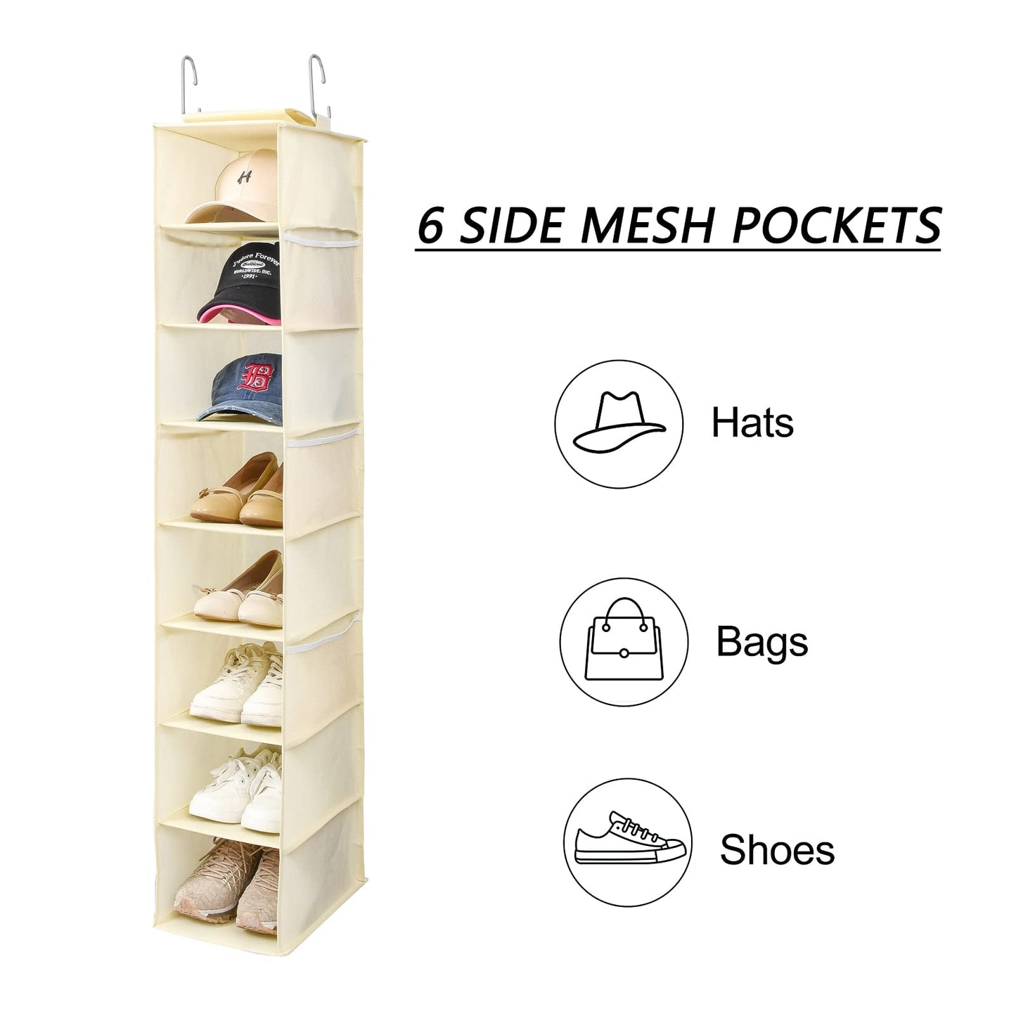 Berdeng Hanging Shoe Organizer for Closet with Side Mesh Pockets，Hat Racks for Baseball Caps，Shoe and Hat Holder & Storage，8-Shelf，Black，1 pack