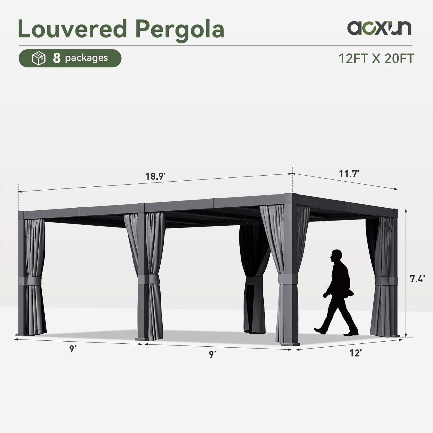 Aoxun Louvered Pergola 12' x 20' Outdoor Aluminum Pergola with Adjustable Top for Decks, Gardens and Backyards, Gray