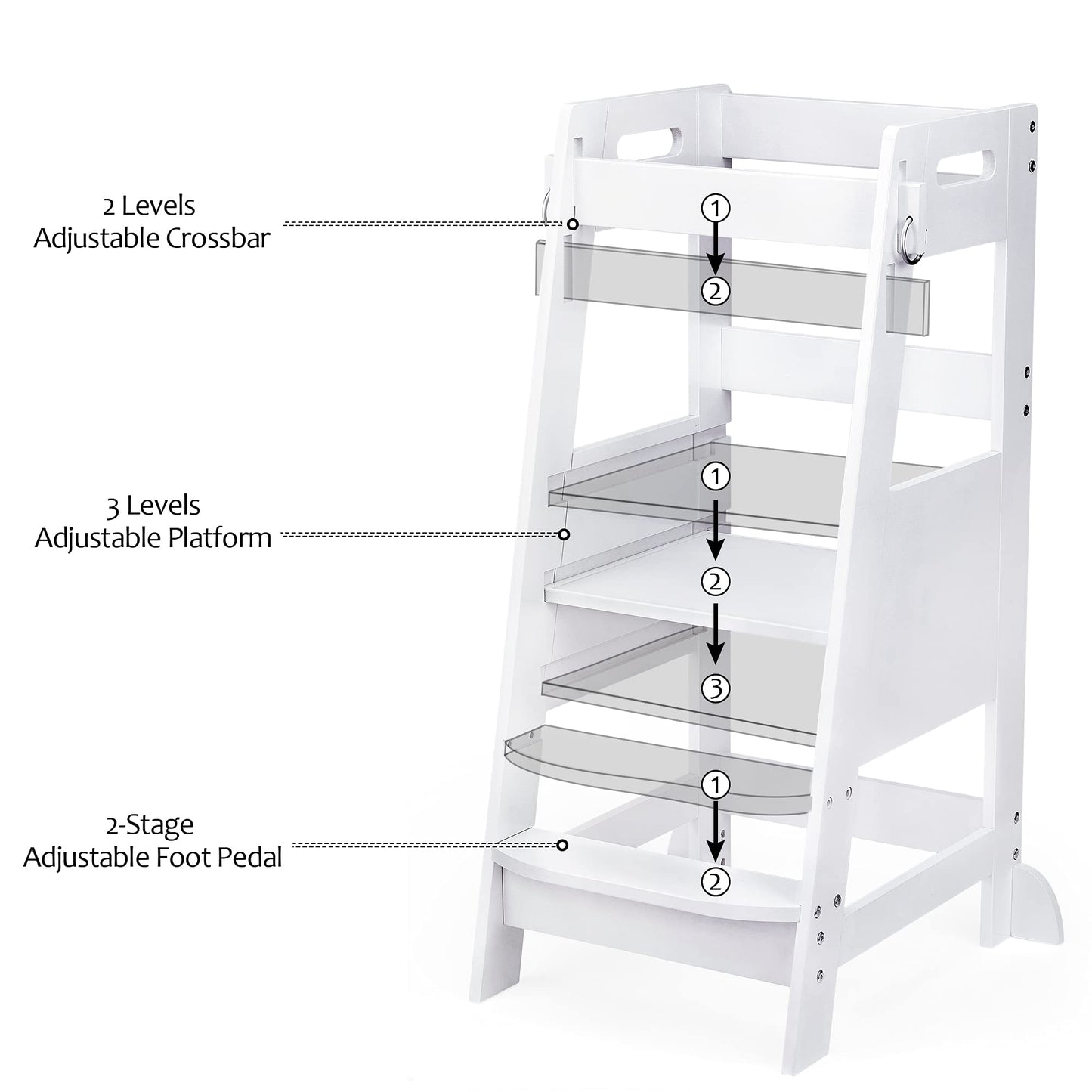 TOETOL Bamboo Toddler Kitchen Step Stool White Helper Standing Tower Height Adjustable with Anti-Slip Protection for Kids Kitchen Counter Learning