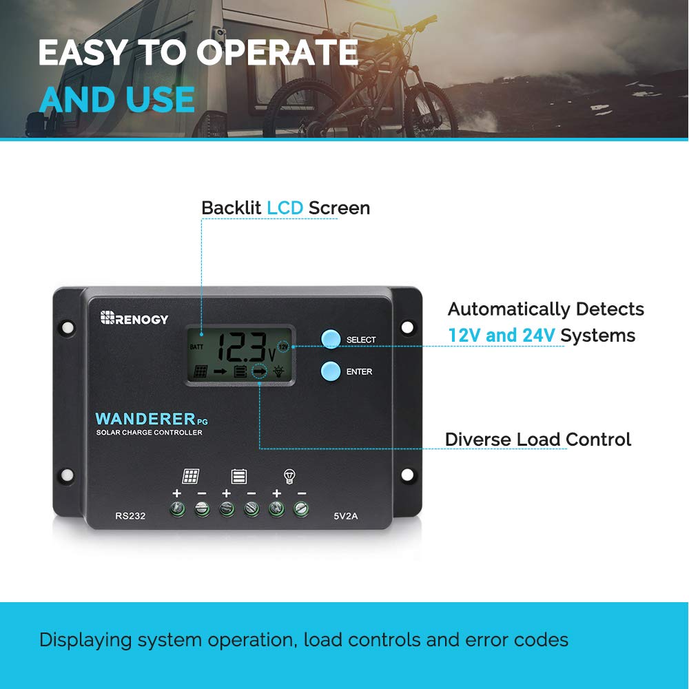 Renogy 10A 12V/24V PWM Postive Ground Solar Charge Controller Regulator Compact Design w/ LCD Display for Deep Cycle Sealed, Gel, and Flooded Battery, Wanderer PG 10A,Black