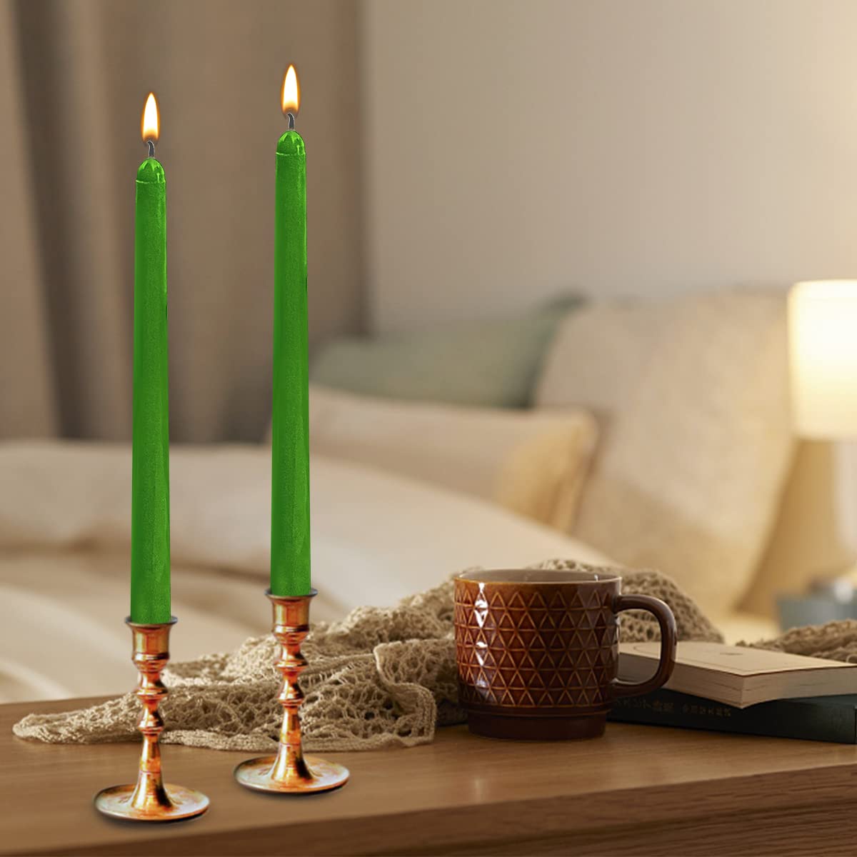 Myido Set of 12 10 inchTaperedCandles-Halloween Taper Candles are odorless - Tall Candles Burn Long and are Perfect for Black Halloween Decorations or Dinner Candles (Green)