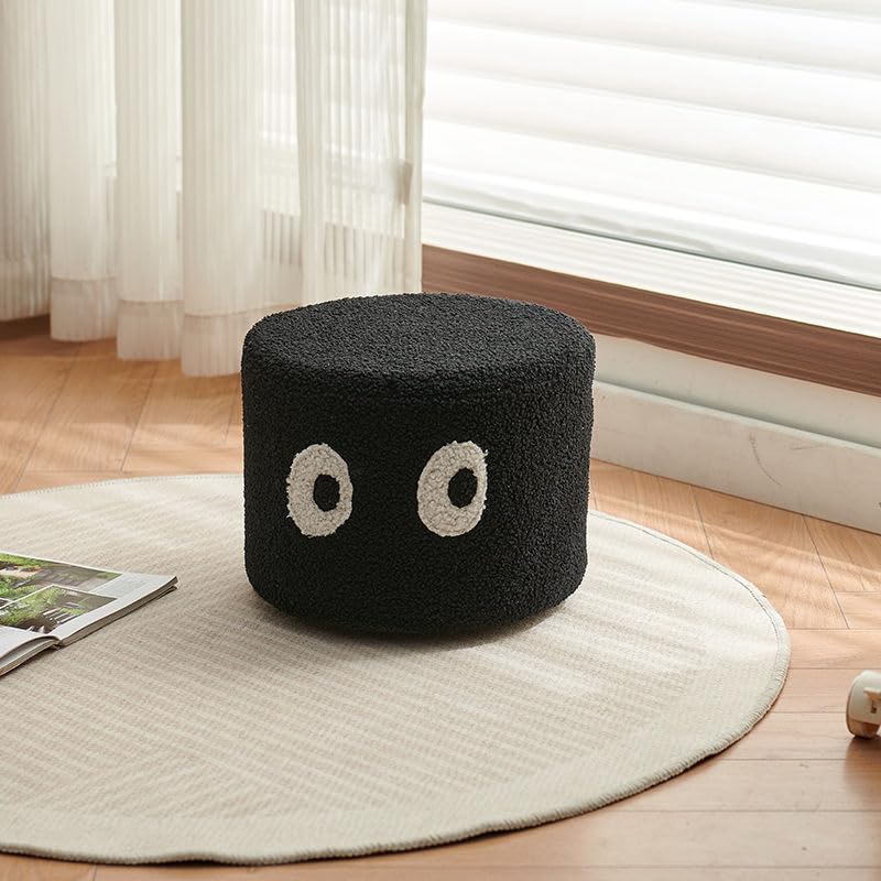 Lumosky Cute Round Stool Ottoman, Home Lamb Plush Living Room Cartoon Cute, Entrance Shoe-Changing Cream Stool,Living Room,Bedroom,Balcony Game,Desk,Playing Room (Black Eyes)