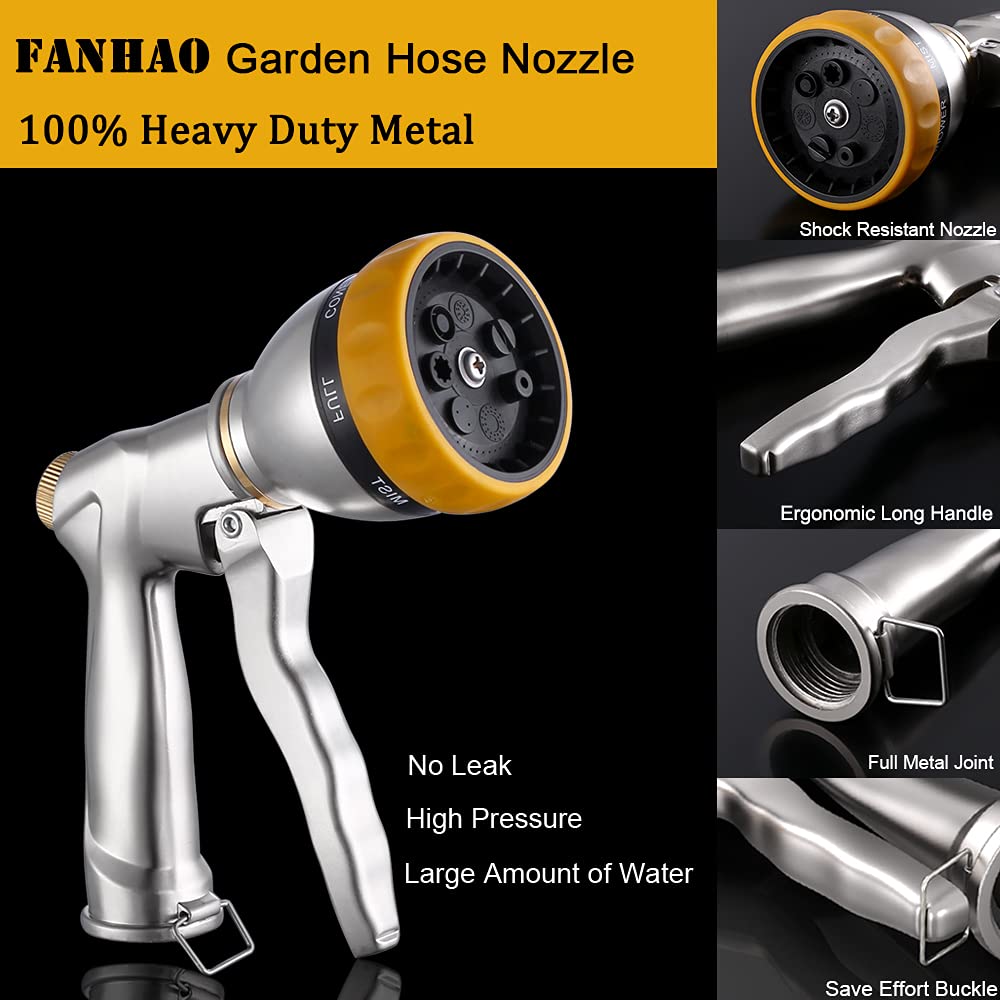 FANHAO Garden Hose Nozzle Heavy Duty, 100% Metal Spray Nozzle High Pressure Water Hose Nozzle with 7 Patterns for Watering Garden, Washing Cars and Showering Pets