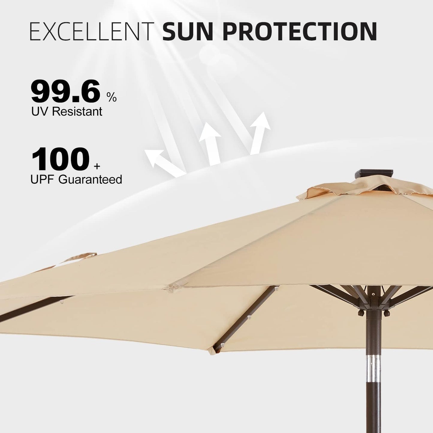 wikiwiki 9 FT Solar Led Patio Umbrella, Outdoor Table Market Umbrella for Deck, Pool, Garden w/Tilt, Crank, 32 LED Lights, Beige