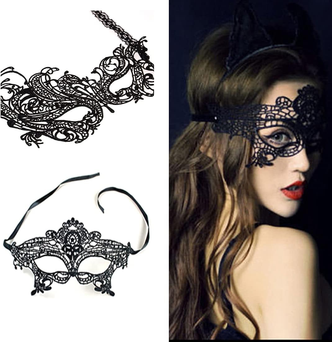 IVYRISE Black Lace Eye Mask for Women, 6Sets Sexy Masquerades Lace Eye Mask Venetian Lace Costume Decoration Party Ball Lingerie Cosplay Carnival Prom Eye-mask Accessories, Large