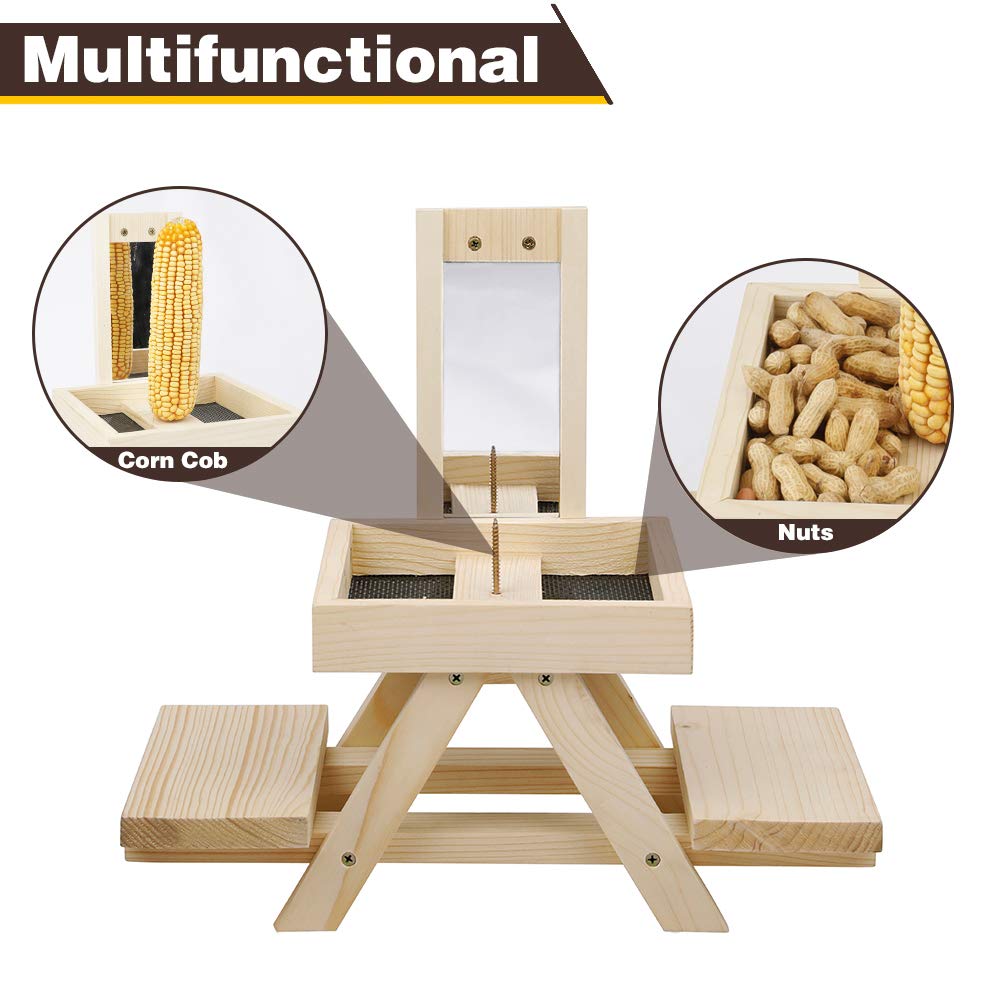 Solution4Patio Expert in Garden Creation Adorable Squirrel Feeder Picnic Table Shaped with Mirror, Corn Cob Holder and Snack Mesh Tray, for Fruit, Nuts, Peanut Butter Treats, Eay to Install