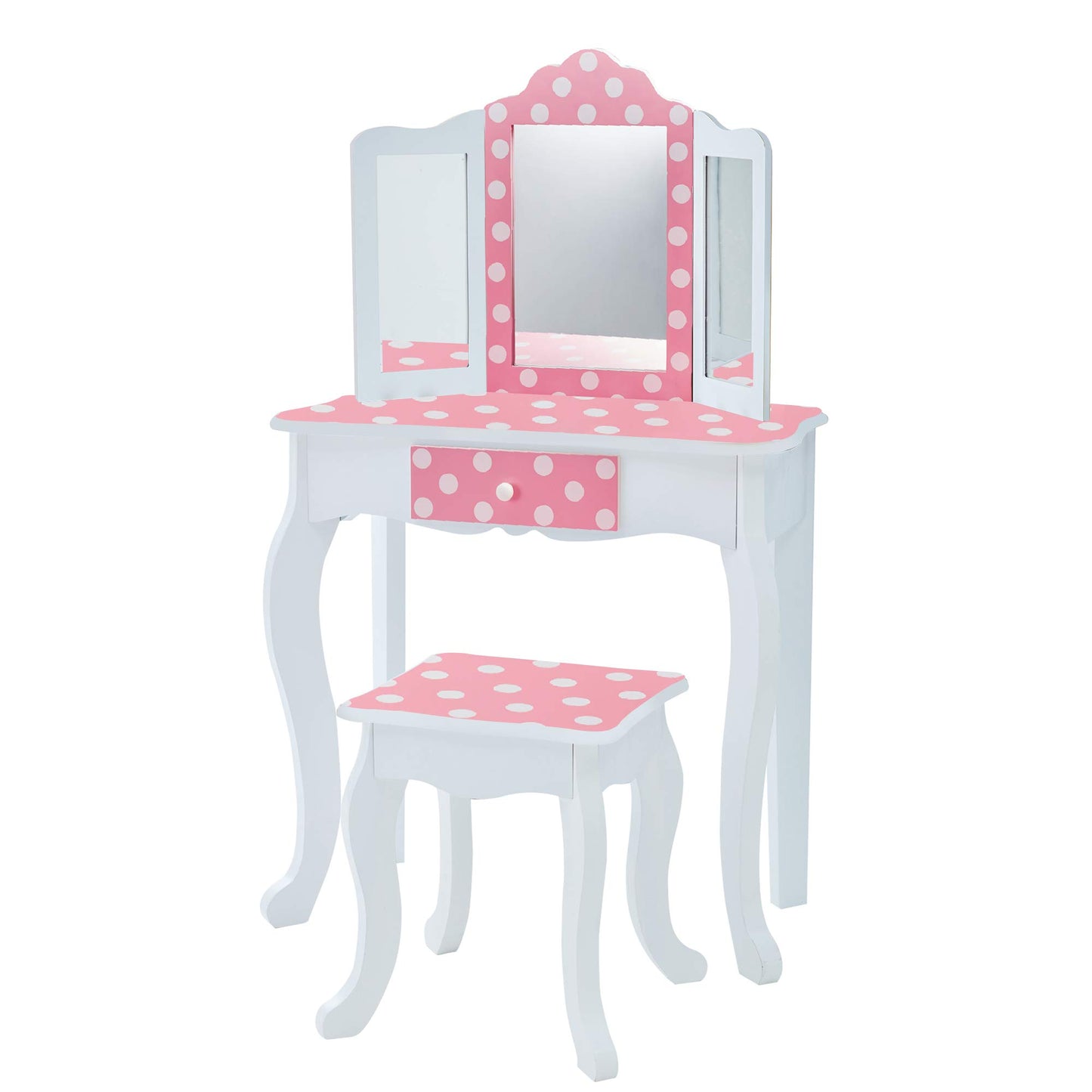 Teamson Kids Princess Gisele Polka Dot Print 2-Piece Kids Wooden Play Vanity Set with Vanity Table, Tri-Fold Mirror, Storage Drawer, and Matching Stool, White with White/Pink Polka Dot Accent