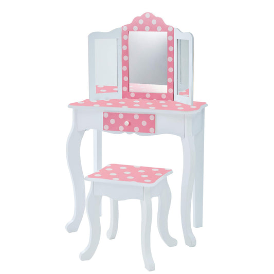 Teamson Kids Princess Gisele Polka Dot Print 2-Piece Kids Wooden Play Vanity Set with Vanity Table, Tri-Fold Mirror, Storage Drawer, and Matching Stool, White with White/Pink Polka Dot Accent