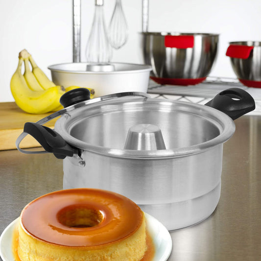 Bene Casa - Aluminum Flan Mold Double Boiler with Glass Lid (1.6 Liter) - Includes Aluminum Inner Pan (8") - Dishwasher Safe