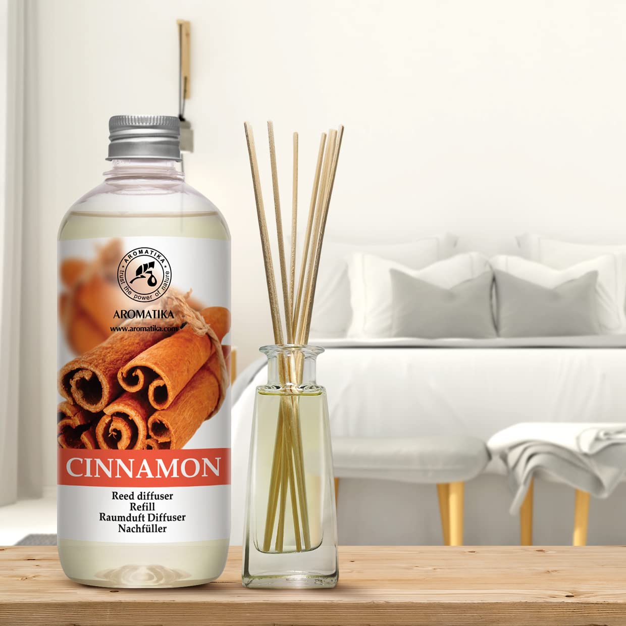 Cinnamon Reed Diffuser Refill with Natural Essential Cinnamon Oil 17 oz - Fresh & Long Lasting Fragrance - Best for Aromatherapy - Home - Office - Fitness Club - Restaurant - Boutique