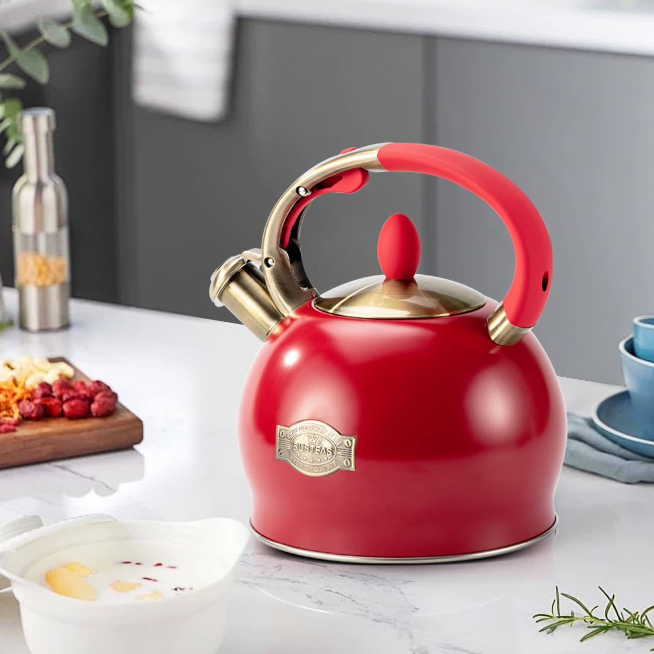 SUSTEAS Stove Top Whistling Tea Kettle - Food Grade Stainless Steel Teakettle Teapot with Cool Touch Ergonomic Handle,1 Free Silicone Pinch Mitt Included,2.64 Quart(RED)