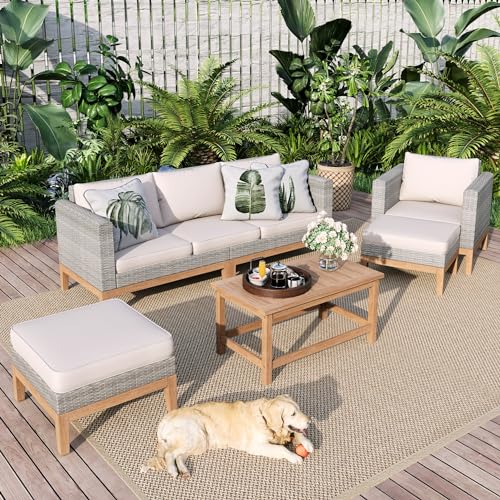 Sophia & William Outdoor Patio Furniture Sets, 5-Piece All-Weather Patio Conversation Set, High Back Wicker Rattan Setional Sofa with Large Single Sofa Chairs, Ottomans & Wooden Coffee Table (Beige)