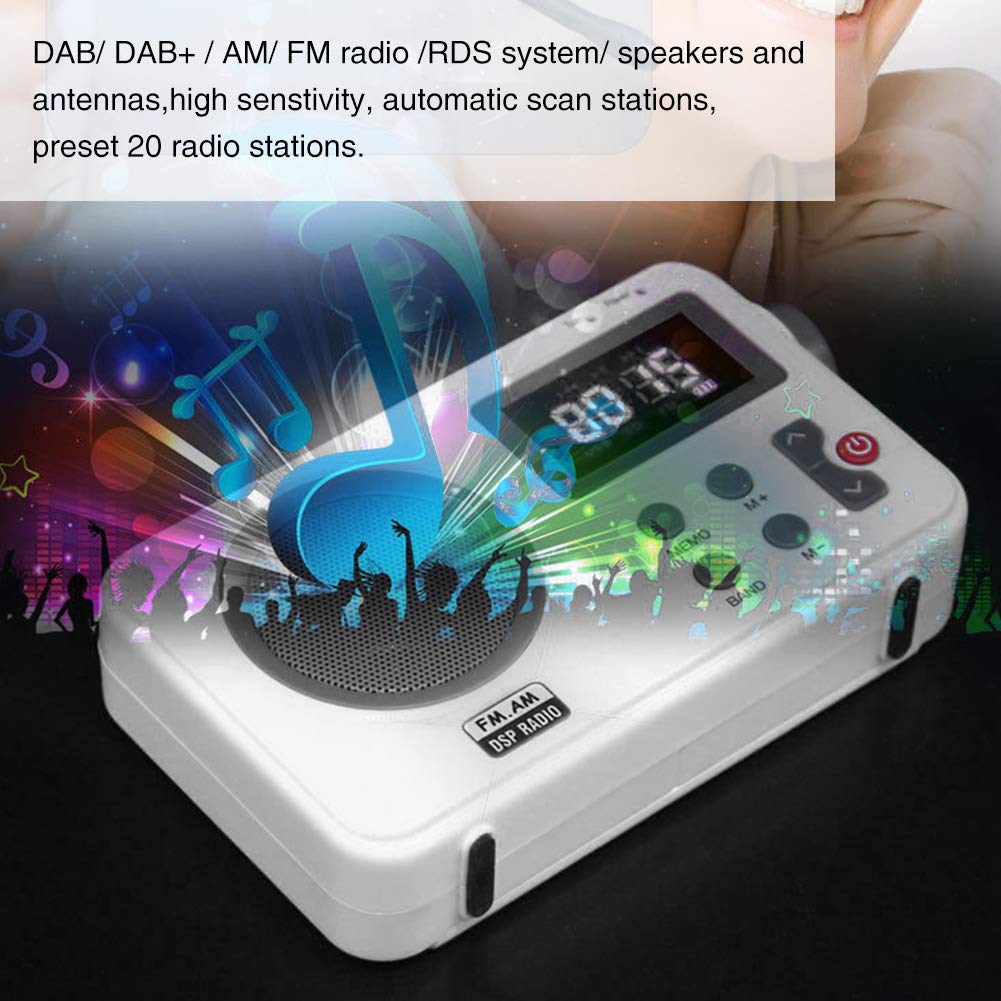 Shower Radio Speaker, Portable LCD Display Stereo Radio with AM/FM Radio/RDS System Long Playback Time Radio with Preset 20 Radio Stations for Bathroom, Hot Tub, Outdoor(White)