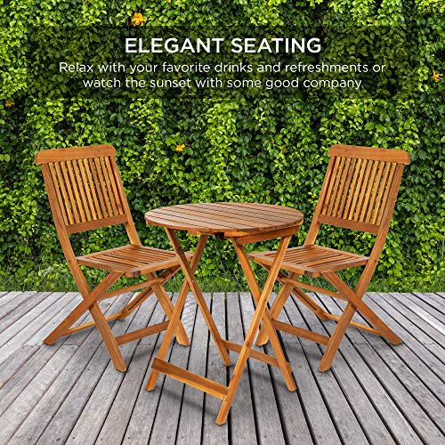 Best Choice Products 3-Piece Acacia Wood Bistro Set, Folding Patio Furniture for Backyard, Balcony, Deck w/ 2 Chairs, Round Coffee Table, Teak Finish - Natural