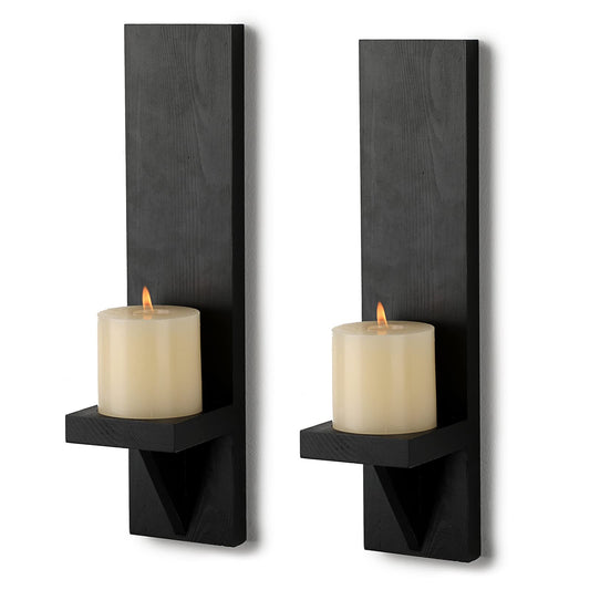 OwnMy Set of 2 Wooden Wall Candle Sconces Rustic Wall Mount Wooden Pillar Candle Sconces, Black Farmhouse Wall Candle Sconces Hanging Wall Sconces Vintage Wall Candle Holders Decor for Living Room