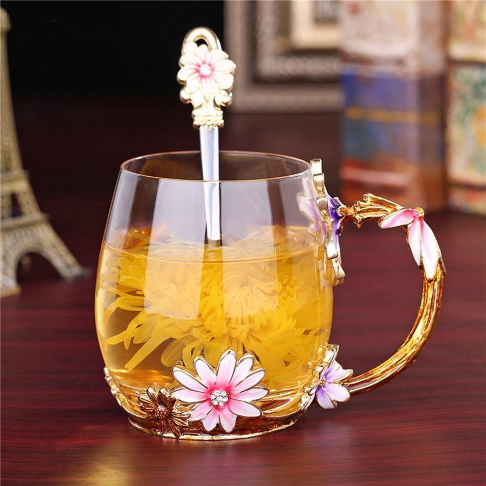 evecase daisy Flower Glass Mugs Tea Cup with Steel Spoon,Tea Lovers Gifts for Women,Wife,Mom,Female,Friends,Birthday,Mothers Day, valentines day,Christmas