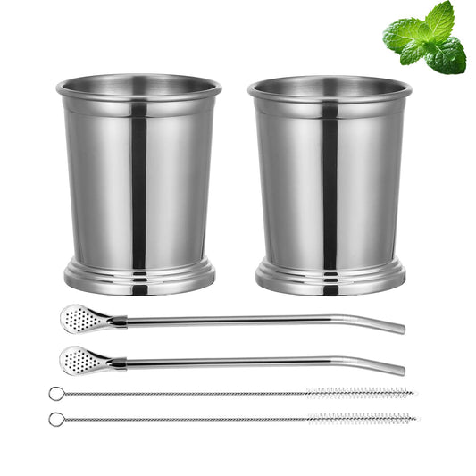 Sipoyen Mint Julep Cups Set of 2 Stainless Steel Mint Julep Glasses with Straws 12oz Pint Glasses Kentucky Party Supplies