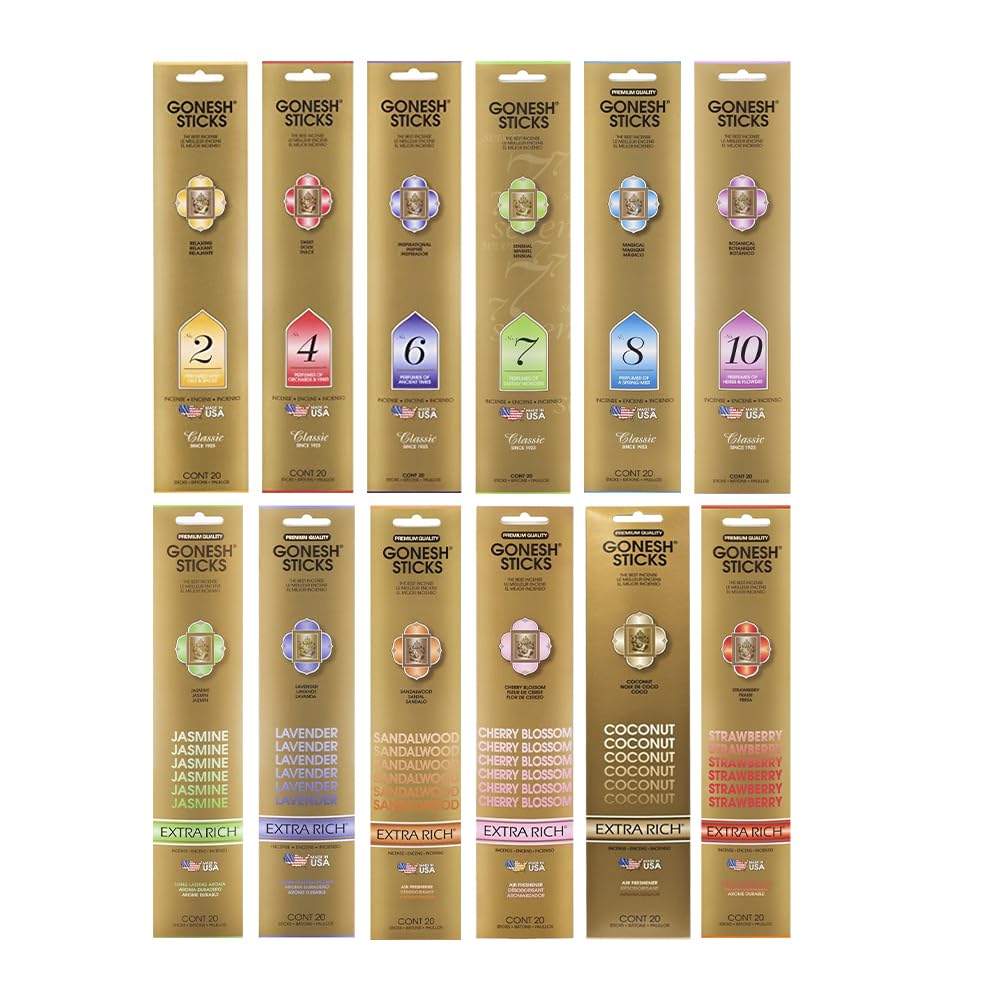 Gonesh - Incense Sticks Variety Pack - Non-toxic 10” Slow Burn Aromatic Sticks - Classic Collection & Extra Rich Collection - 12 Packs of 20 Sticks