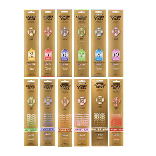 Gonesh - Incense Sticks Variety Pack - Non-toxic 10” Slow Burn Aromatic Sticks - Classic Collection & Extra Rich Collection - 12 Packs of 20 Sticks