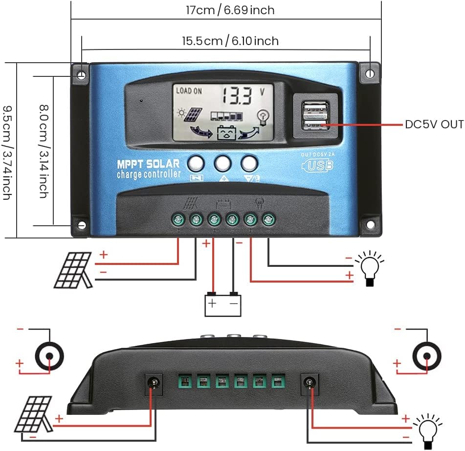 100A MPPT Solar Charge Controller 12v/24v Current Auto Focus MPPT Tracking Charge with LCD Display Dual USB Solar Regulator Charge Controller Multiple Load Control Modes