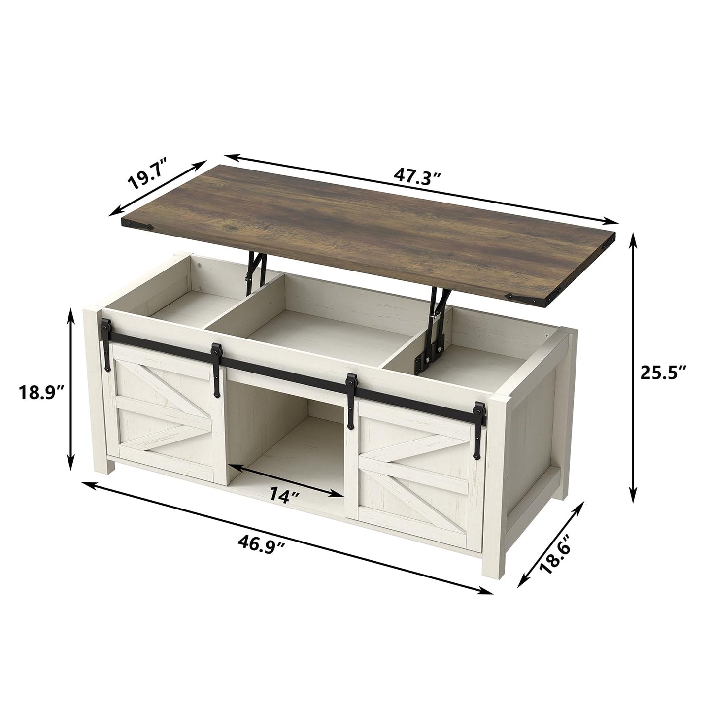 Furnihold 47.3'' Coffee Table with Large Hidden Storage Compartment, Lift Top Coffee Table with Sliding Barn Doors, Farmhouse & Rustic Rectangle Cocktail Table, Home, Office, Brown Top