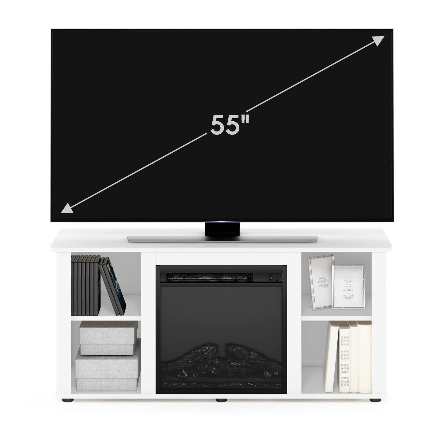 Furinno Jensen Entertainment Center Stand with Fireplace for TV up to 55 Inch, Corded Electric, White