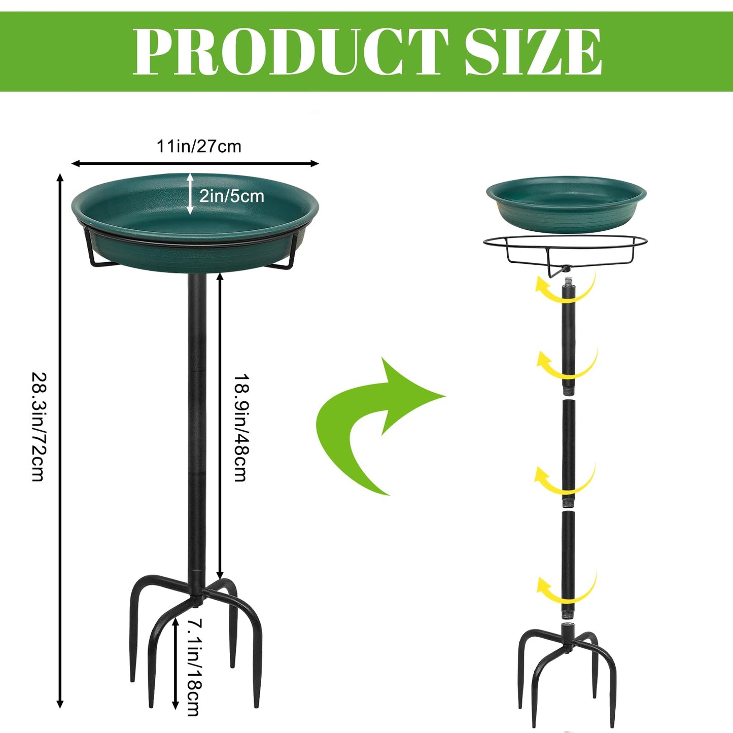 YALINKA 28In Freestanding Birdbaths Bowl Outdoor, Standing Garden Bird Bath Bird Feeder Bowl with Metal Stake, Detachable Decoration Spa Birdfeeder for Garden Patio Yard Lawn, 4 Spiky Feet (D)