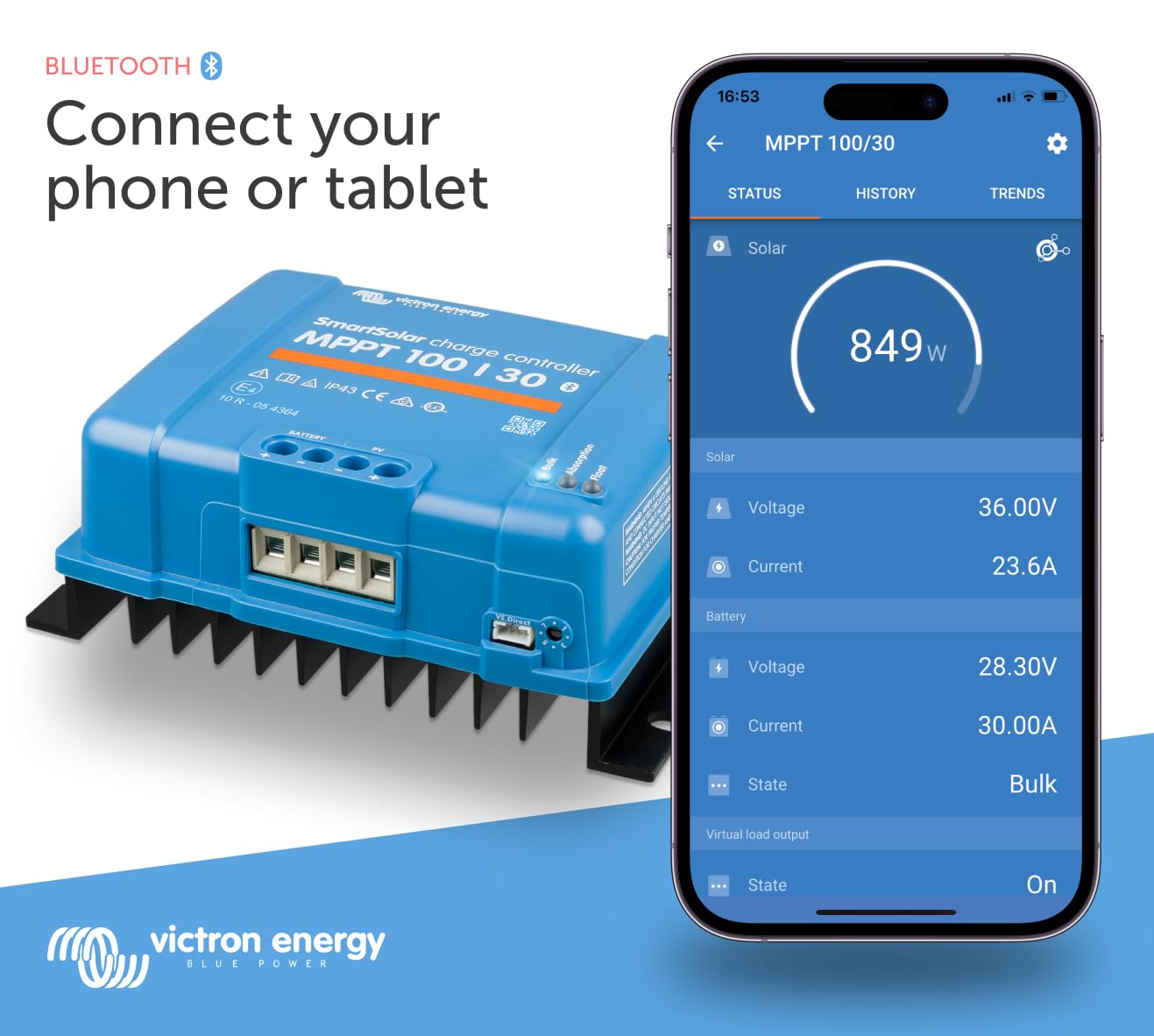 Victron Energy SmartSolar MPPT Solar Charge Controller (Bluetooth) - Charge Controllers for Solar Panels - 100V, 30 amp, 12/24-Volt