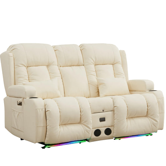 TUNYI Power Loveseat Recliner Sofa with Massage & Heat Home Theater Seating with Console Electric Recliner RV Sofa with USB/Outlet/Storage/Side Pocket/LED Light/Speaker (White, Loveseat)