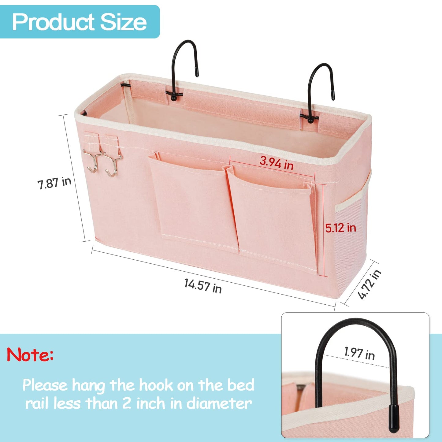 Loghot Bedside Caddy/Bedside Storage Bag Hanging Organizer for Bunk and Hospital Beds,Dorm Rooms Bed Rails,Can be Placed Glasses,Books,Mobile Phones,Keys (Light Pink)