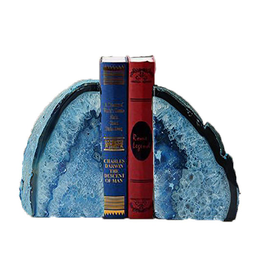 JIC Gem Blue Agate Bookends Geode Book Ends for Shelves Decorative Crystal Bookends Heavy Duty Bookend Bookshelf Decor with Rubber Bumpers(1 Pair, 3-4 LBS)