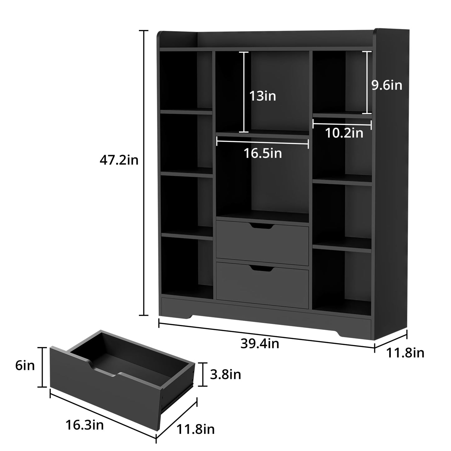 Cozy Castle Black Bookshelf, 4-Tier Open Shelf Bookcase with 2 Drawers and 10 Cubes, Wood Cube Storage Organizer Shelf for Bedroom, Living Room, 39.4" W X 47.2" H