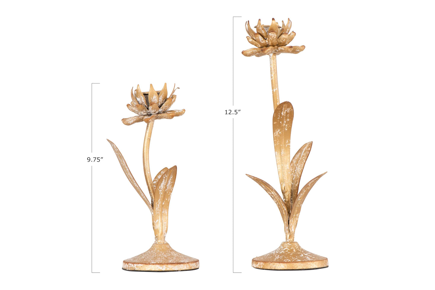 Creative Co-Op Cut Metal Flower Shaped Taper Candle Holder in Distressed Gold Finish (Set of 2 Sizes)