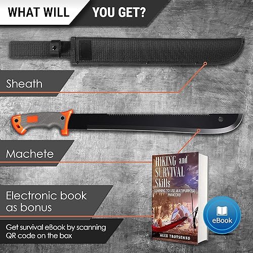 Machete with Saw - 25” Heavy Duty Tool & Sheath - Ergonomic No-Slip Handle - Survival Knife with Serrated Blade - Machetes for Bushcraft Outdoor Hunting Garden Cutting Trees and Yard Work 13153