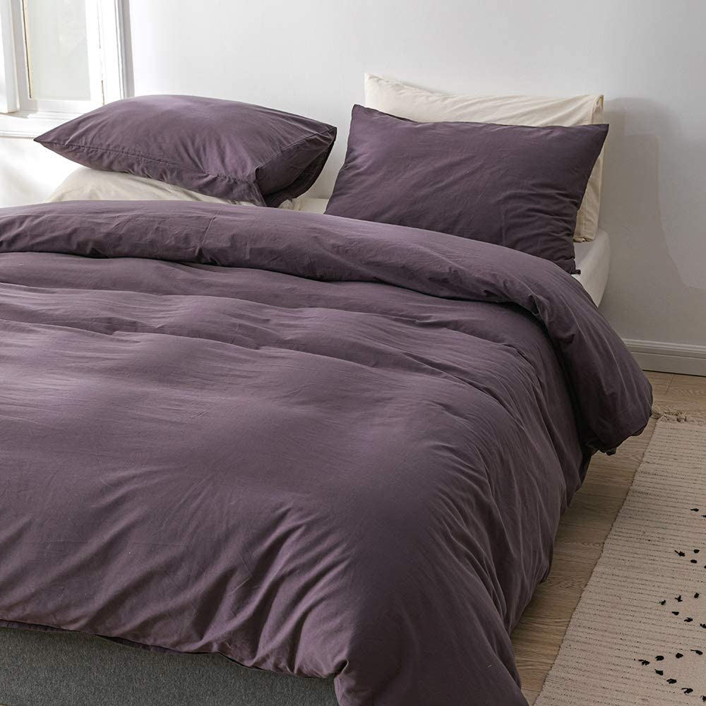 ECOCOTT Purple Duvet Cover Full Size - 100% Washed Cotton Durable Soft Comfy Duvet Cover Set, 3 Pieces Duvet Cover with Zipper Closure (Purple, 80''x90'')