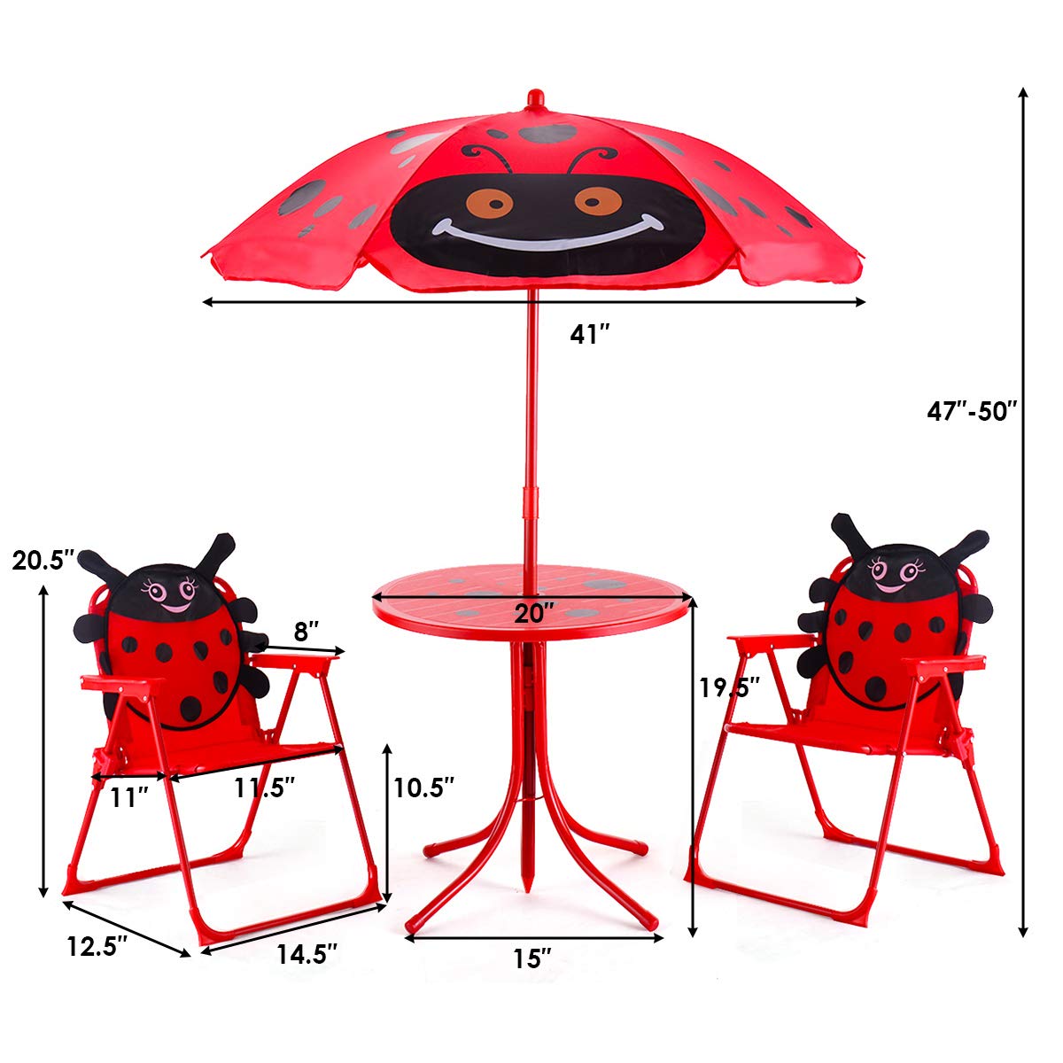 Costzon Kids Table and 2 Chair Set, Ladybug Folding Picnic Table Set with Removable Umbrella for Indoor Outdoor Garden Patio, Gift for Children Boys & Girls