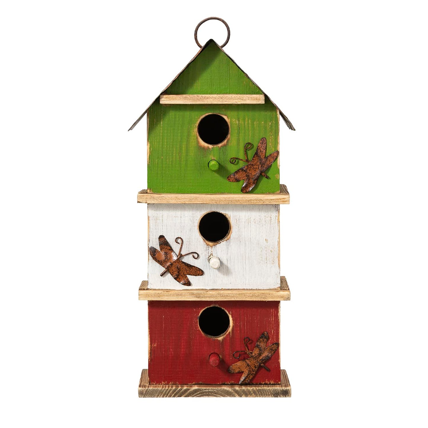 Glitzhome 13.75" H Multicolored Three-Tiered Distressed Solid Wood Birdhouse Garden Hanging Bird House for Outdoors