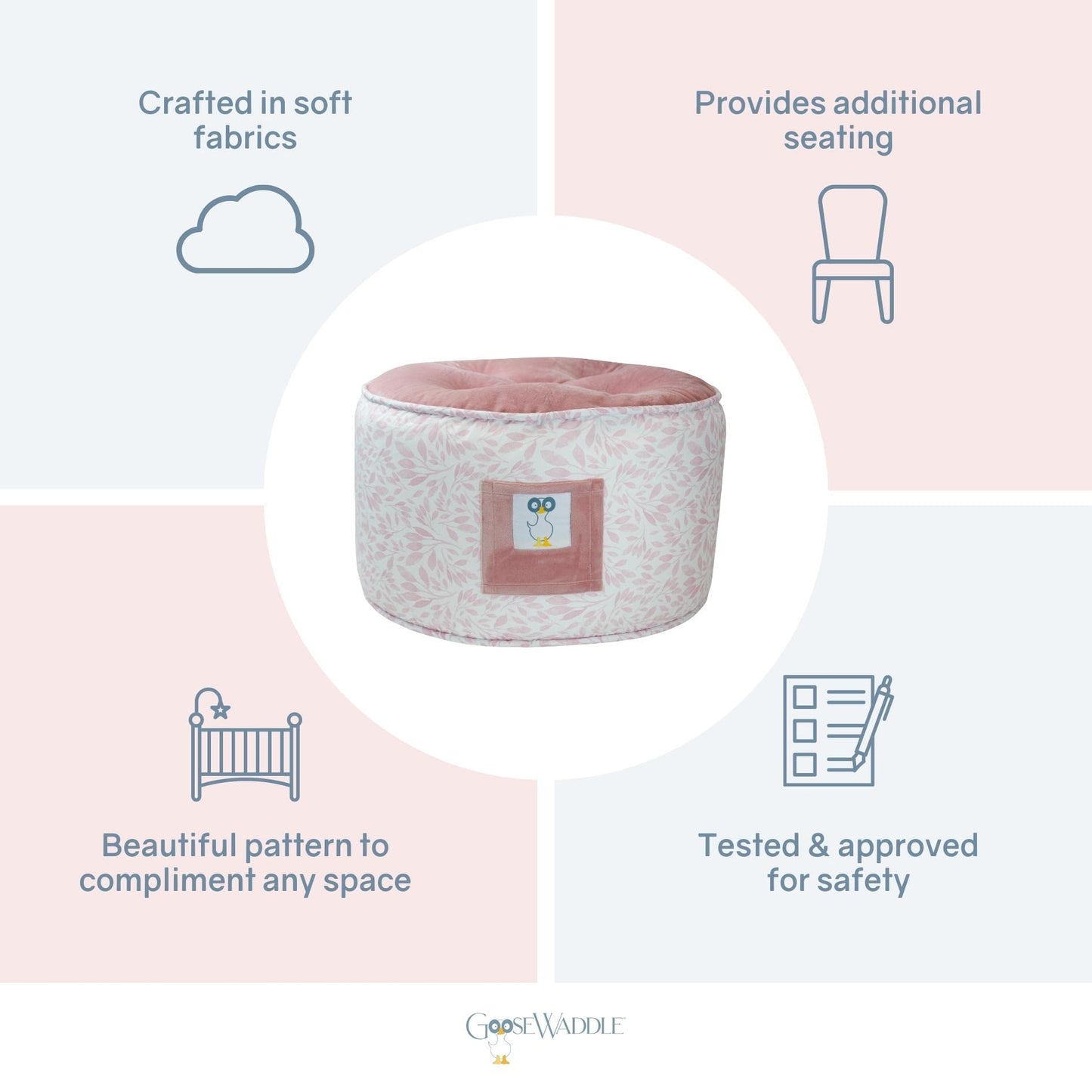 GooseWaddle Soft and Comfortable Kids Ottoman Toddler Pouf Seating for Your Little One's Playroom or Nursery (Poppy Pink)